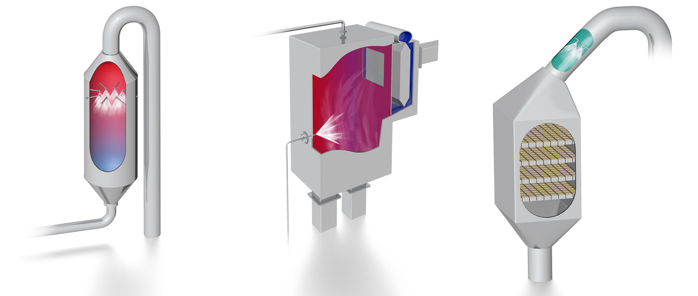 Nozzles and engineered solutions for processes in air pollution control