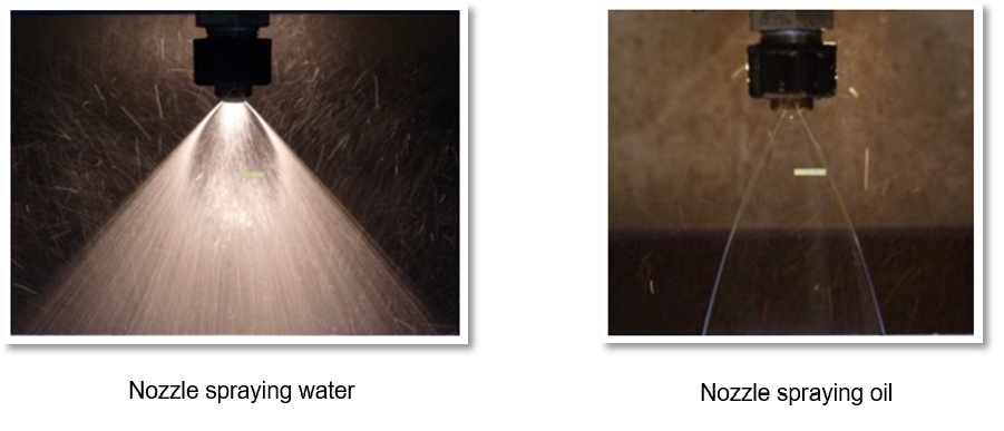 Water spray out of nozzle versus oil spraying out of nozzle